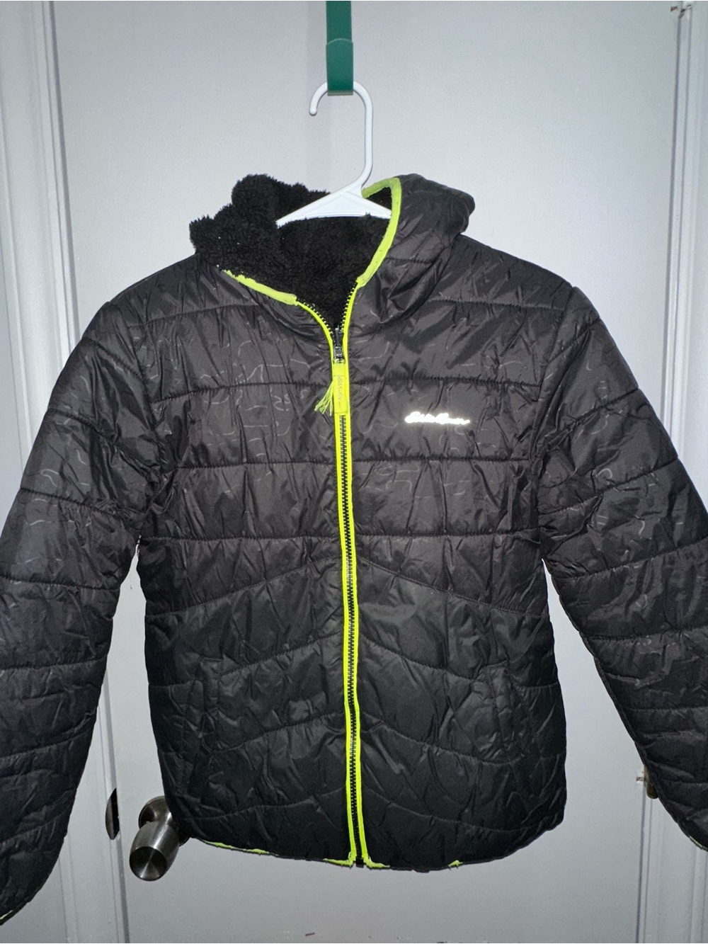 Boy’s Eddie Bauer Black Puffer Jacket with Neon Yellow Trim